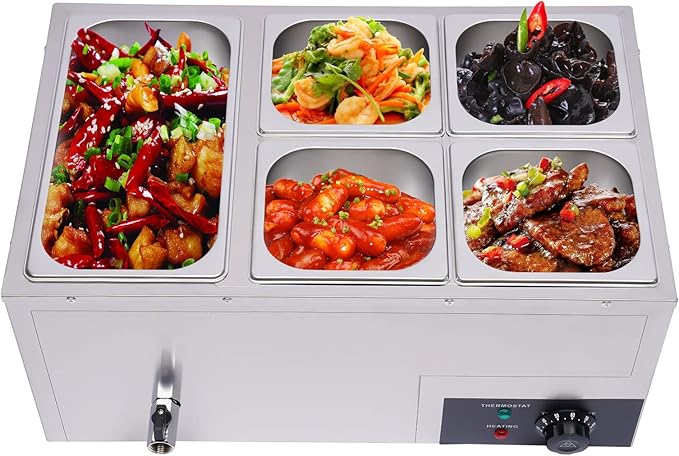 Electric Bain Marie, 600W 5-Pan Commercial Portable Steam Table Food Warmer, 20Qt Stainless Steel Canteen Buffet Warmer Electric Food Warmers and Servers for Parties, Buffets, Hotels