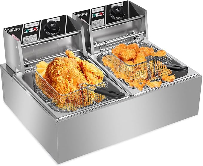 22.8QT/21.6L Commercial Deep Fryer with Basket and Lid, 5000W Electric Fryer, Countertop Oil Fryer for French Fries, Onion Rings, Donuts, Temperature Adjustable 140-392℉, Stainless Steel Double Tank