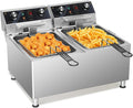 ROVSUN 36QT Electric Deep Fryer 240V, 6600W Dual Tank Commercial Deep Fryer w/ 60-Min Timer Overheat Protection Adjustable Feet, Temp Control & Baskets, Stainless Steel Countertop Fryer for Restaurant