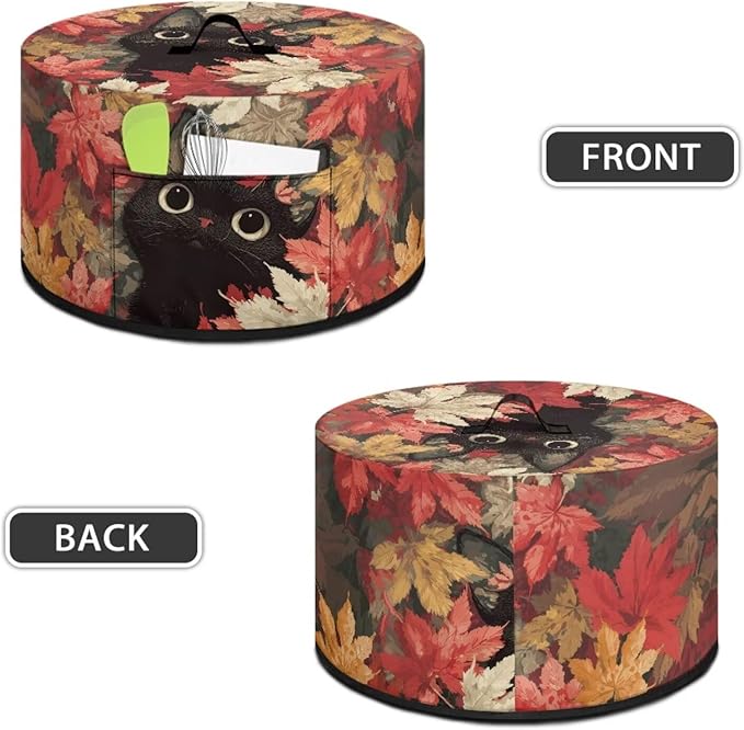 Black Cat Maple Leaf Print Slow Cooker Dust Cover Compatible with 6/7/8 Quart Slow Cooker Dust Proof Electric Slow Cooker Cover with Storage Pocket for Crock Pot Halloween Decor