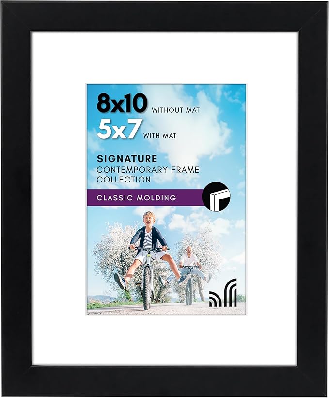 Americanflat 8x10 Picture Frame with Shatter-Resistant Glass - Use as 5x7 Frame with Mat or Display 8x10 Photo Without Mat - Signature Collection - Picture Frames for Tabletop and Wall Display - Black