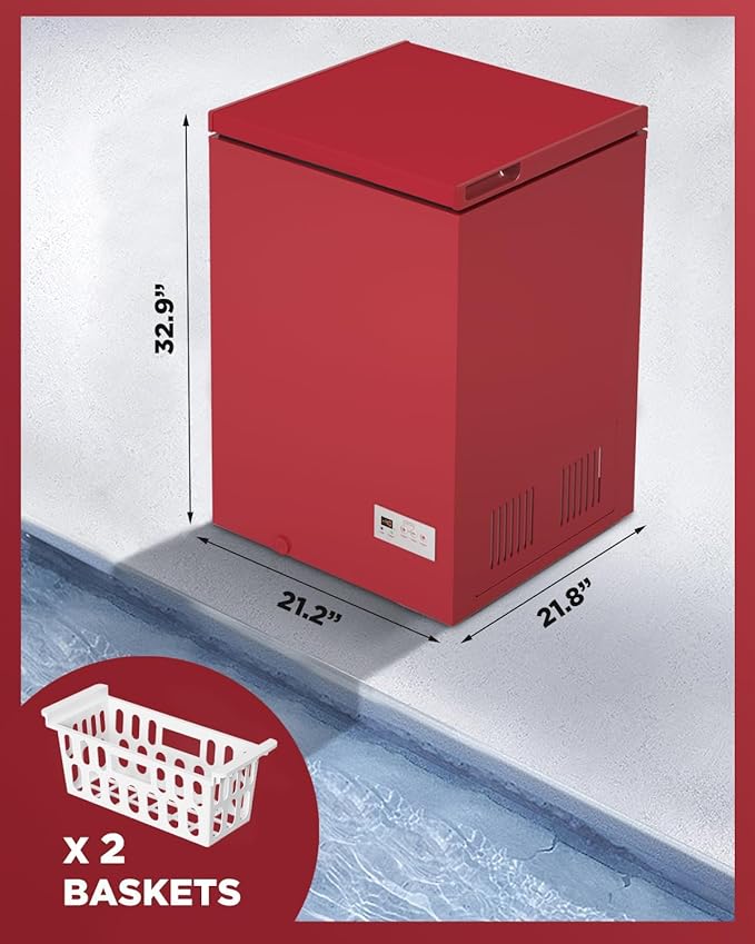 3.5 Cu Ft Chest Freezer - Super-Low Temperature - 2 Removable Baskets - Electronic Control 14℉ to -40℉- Red