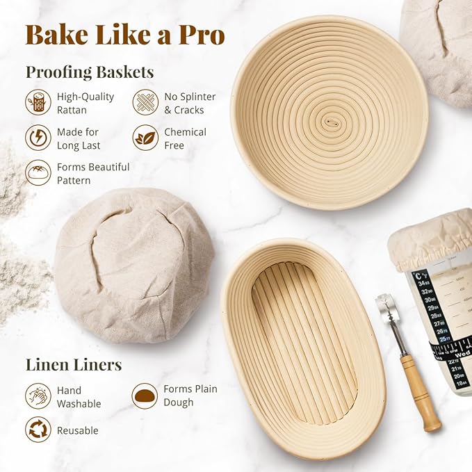 Sourdough Starter Kit, 9" Round & 10" Oval Banneton Bread Proofing Baskets Set with Jar, Sourdough Bread Baking Supplies Bread Making Tools, Sourdough Kit Gifts for Bakers Women
