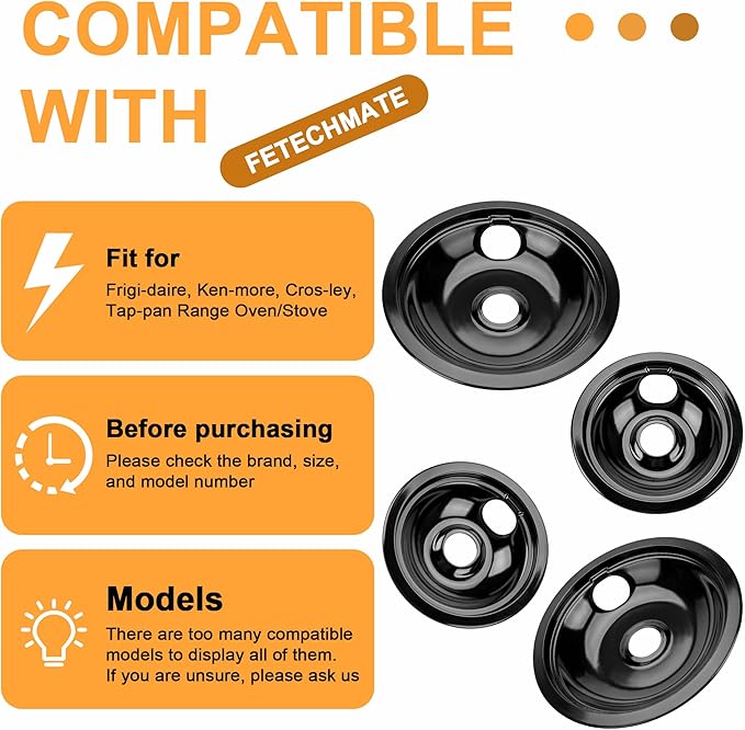 Black Porcelain Drip Pans Set 4-Pack 318067041 & 318067051 Compatible with Frigi-daire Ken-more Range Oven Replaces Electric Range Stove Burner 5304430149,5304430150 by Fetechmate