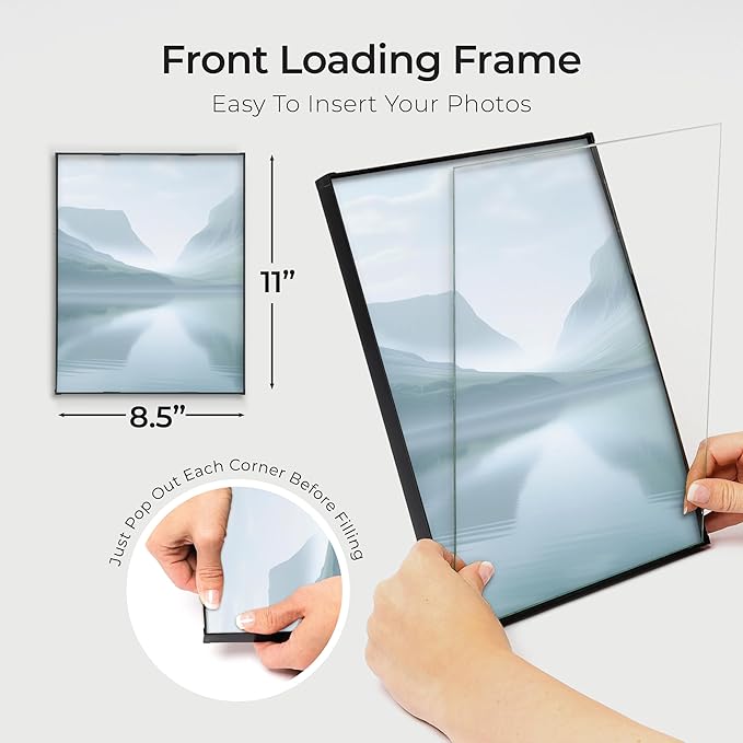 MANTELLO ESSENTIALS 8.5 by 11 picture frame 6 PACK 8.5 x 11 frame Front Loading picture frames 8.5 x 11 Pictures Documents Certificates Diplomas, And More