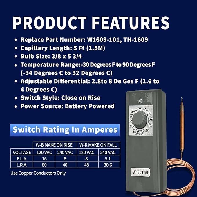 Refrigerator Thermostat Temperature Controller, -30°F to 90°F (-34°C to 32°C) Mechanical Thermostat with 5 Ft Capillary Remote Thermostat Bulb,Temperature Control for freezers & Coolers, W1609-101