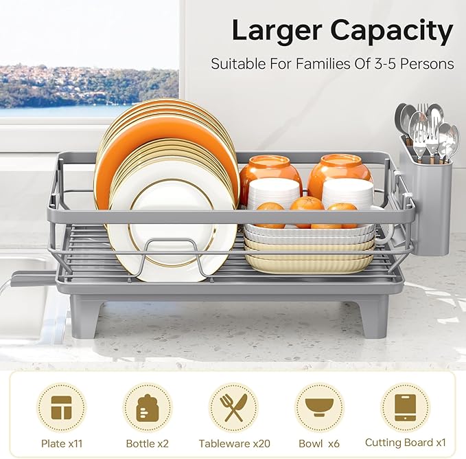 TOOLF Space-Saving Dish Drying Rack, Multifunctional Dish Rack for Kitchen Counter,Sink Dish Drainer Rack, Dishes Strainer with Drain Board & Cutlery Holder, Compact Dryer Rack,Gray