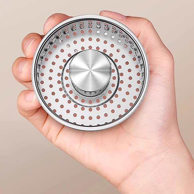 3 in 1 Pop Up Kitchen Sink Drain Strainer, with an Extra Basket Strainer, Kitchen Sink Drain Stopper for US Standard 3-1/2 Inch, Brass Material Electroplate Silver (Model C Stainless Steel)