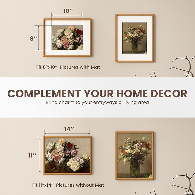 Axeman 11x14 Picture Frame - Solid Teak Wood 11x14 Frame With Mat for 8x10 - Rounded Corner 11 x 14 Picture Frame with Tempered Glass for Wall Display