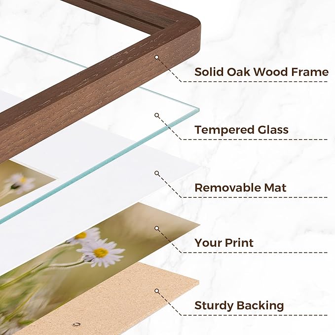8x10 Picture Frame, Rustic 8 by 10 Photo Frame for Wall & Tabletop Display - Solid Oak Wood & Tempered Glass, 8x10 Picture Frame Matted to 5x7, Wood Collage Frames for Home, Walnut Color, 1 Pack