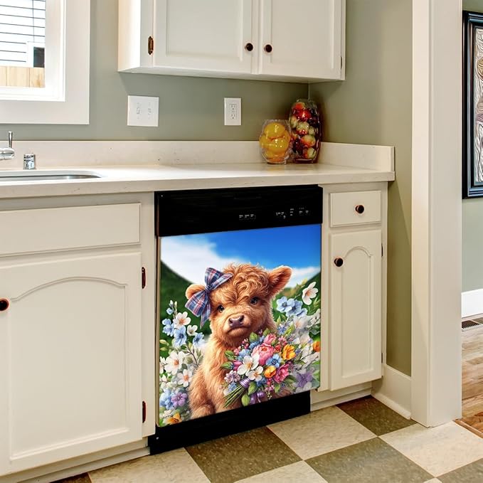 Dishwasher Magnet Cover Flower Highland Cow Cute Dishwasher Decorative Cover Front Dishwasher Door Cover Reuseable Dishwasher Cover Panel Decal for Kitchen Refrigerator Home Appliances 23" X 26"