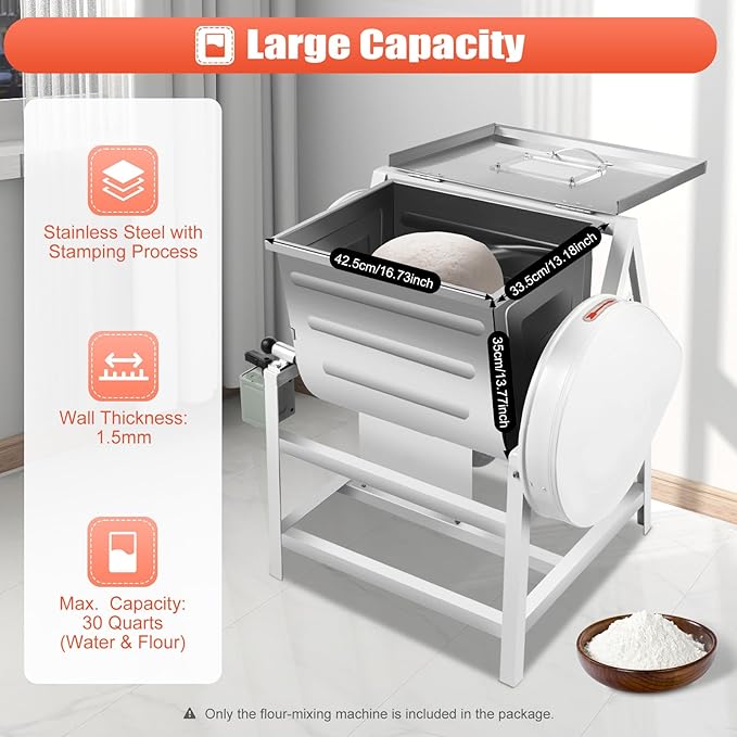 Commercial Dough Mixer 30Qt Commercial Food Mixer 1500W 110V Electric Dough Mixer Heavy Duty Dough Blender Kneading Machine with 90 Degree Tilt for Bakery Pizzeria Restaurant School