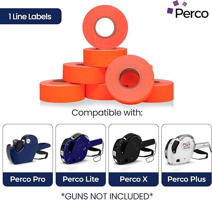 Perco 1 Line Fluorescent Red Labels - 8 Rolls, 1 Sleeve, 8,000 Blank Price and Date Gun Labels for Perco 1 Line Price and Date Guns - Made in USA