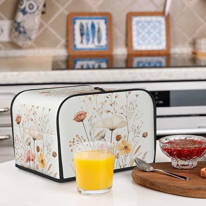 4 Slice Toaster Cover for Kitchen Watercolor Flower Botanical Waterproof and Dustproof Toaster Dust Cover with Side Pockets Decorative Universal Cover for Wide Slot Toasters and Small Appliances