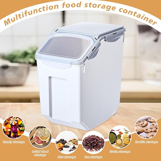 Umigy 4 Pack Rice Storage Container With Wheels Plastic Airtight Lid Flour Container Bin for Dog Pet Cereal Grain Dry Food, 15 Liter / 30 lbs (Gray)