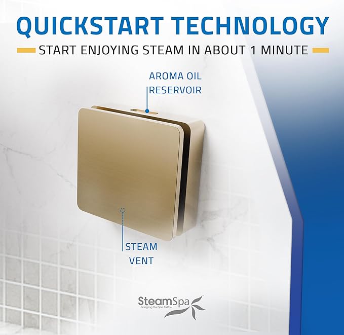 SteamSpa Steam System 18kW Steam Shower Generator with Bluetooth Wifi, Quickstart Continous Steam, Advanced Touch Pad Screen, Chroma Lights, Drain Pan and Auto Drain Gold RVBS1800GD-A