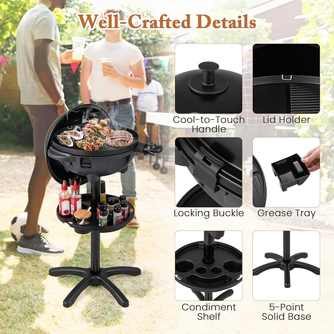 Giantex Electric Grill Outdoor, 1200W Electric BBQ Grills Outdoor Cooking with Lid & Thermometer, Nonstick Griddle, Drip Tray, 2-in-1 Freestanding & Tabletop Grill for Apartments Backyard Party