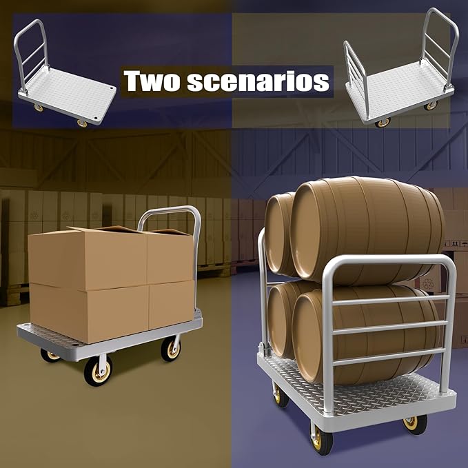 2IN1 42"×25" Platform Truck Cart 2200lbs Heavy Duty Flatbed Cart Dolly w/Detachable Rear Guardrail and Swivel Casters, Push Cart, Work Gloves 2Pairs & 1 Bunge Cord Included