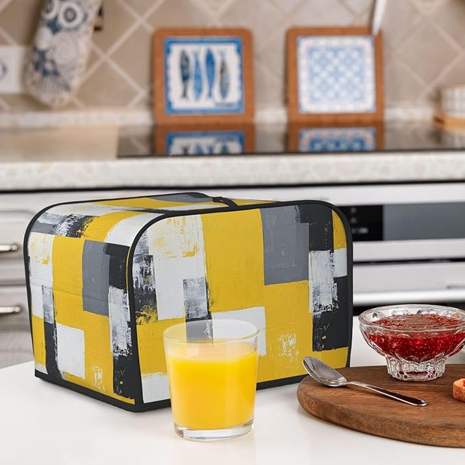 4 Slice Toaster Cover for Kitchen Yellow White Modern Art Waterproof and Dustproof Toaster Dust Cover with Side Pockets Decorative Universal Cover for Wide Slot Toasters and Small Appliances