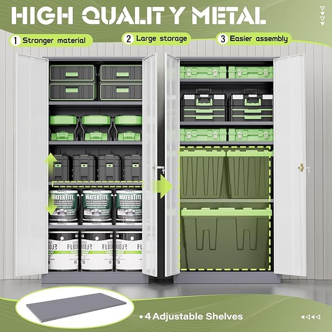 Crownland 72" Lockable Metal Storage Cabinet, Garage Storage Cabinets, High Office Cabinet with Adjustable Shelves for Garage, Home Office,Pantry, File(Grey White)