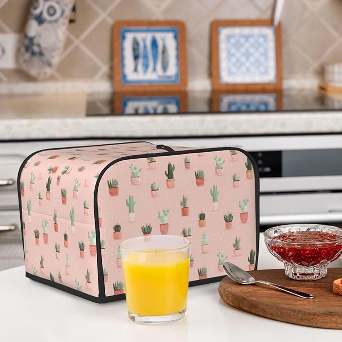 4 Slice Toaster Cover for Kitchen Cactus Pattern Pastel Waterproof and Dustproof Toaster Dust Cover with Side Pockets Decorative Universal Cover for Wide Slot Toasters and Small Appliances