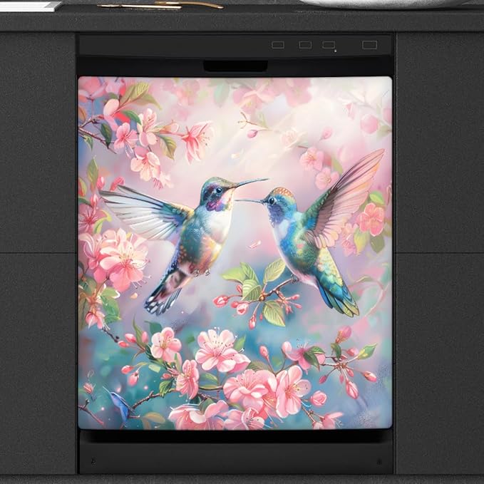Hummingbird Pinks Flower Dishwasher Magnet Cover, Reusable Refrigerator Panel Stickers Microwave Front Door Covers Magnets for Kitchen Home Appliances Holiday Party Decorations 23 X 26 in