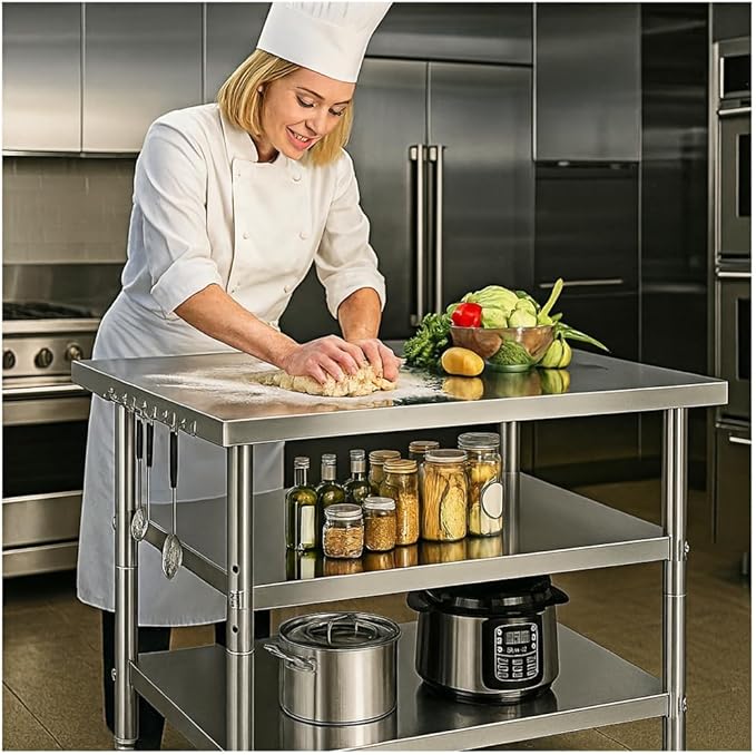 Stainless Steel Table with Wheels for Food Preparation and Work, Multi-Size Optional, Three-Layer Variable Two-Layer Metal Commercial Workbench Outdoor, Restaurant, Kitchen (36" Lx32 Wx34 H)
