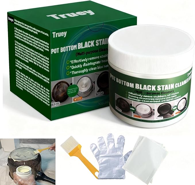 Truey Pot Bottom Black Stain Cleaner Set, Stainless Steel Cleaning & Polishing,Powerful Kitchenware Cleaner, Cooktop Pot Cleaner Effortless for Burned Cookware,Multi-purpose Oil Stain Remover (400g)