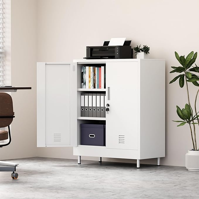 Metal Storage Cabinet with Locking Doors and 2 Adjustable Shelves, Lockable Storage Cabinet for Home Office Garage Pantry Living Room (White)