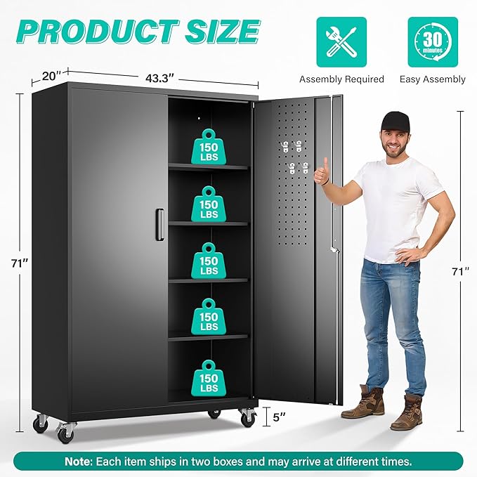SISESOL Wide & Deep Metal Storage Cabinet with Wheels,Tall Rolling Garage Storage Cabinet with Lock,Black Metal Cabinets with Shelves and Pegboards,Tool Locker for Garage,Home,Office,43''Wx 20''Dx71"H