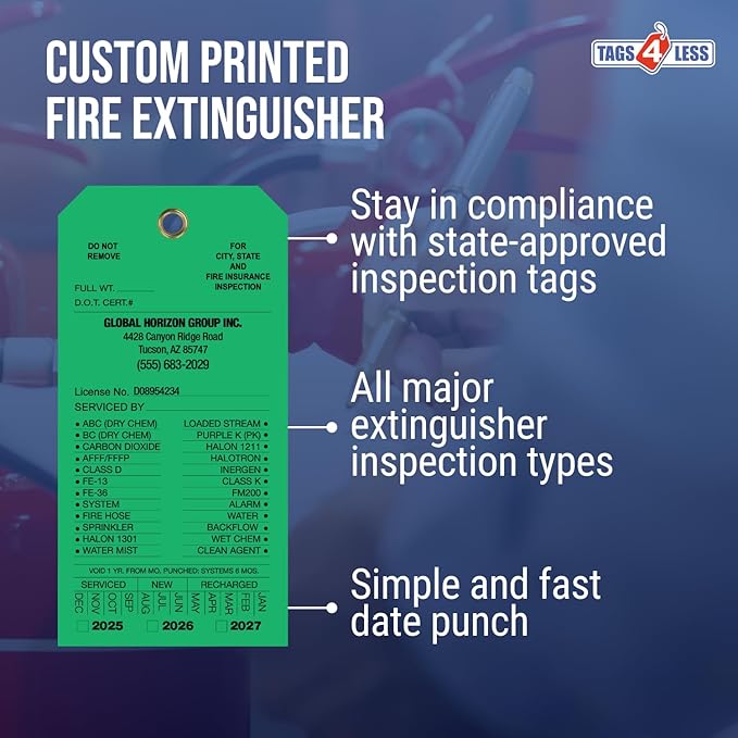 Tags 4 Less Custom Fire Extinguisher Tags – Preventative Maintenance Labels for Monthly Inspections, Alternative to Safety Sticker for Easy Record-Keeping – Pack of 100 (Dark Green, Vinyl Plastic)