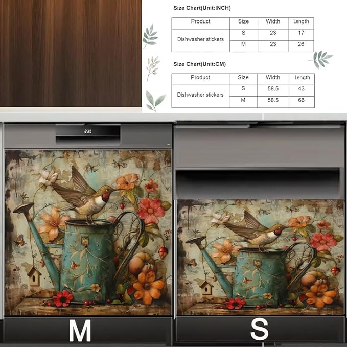 Floral Watering Can Birds Spring Dishwasher Magnet Cover,23" x 26" Dishwasher Cover,Retro Country Butterfly Magnetic Decal Vinyl Sticker Kitchen Decor Refrigerator Magnets Self Adhesive Wrap