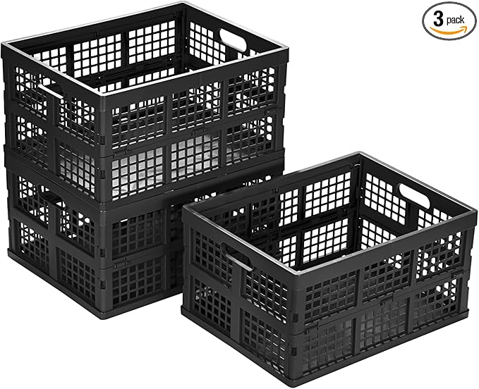 34L Large Plastic Folding Storage Crates,Collapsible Crates for Storage,Pack of 3 (Black)