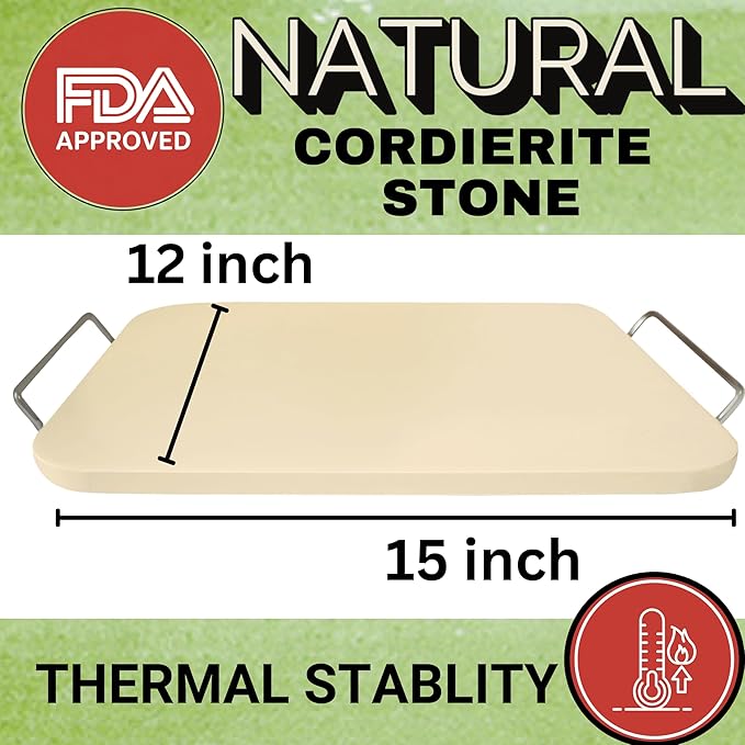 Baking Stone for Bread - 15 inch Baking Stone for Oven with Handles and Dough Tool - Rectangular Bread Stone - High Heat Durable, Easy Transfers with Handles, Natural Cordierite Stone