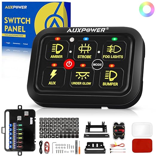 Auxpower 6 Gang Switch Panel Toggle Momentary Pulsed Led Switch Panel RGB Dimmable Switch Panel Auxiliary Circuit Control Relay System Automotive Switch Panel for Truck Boat Car(RGB A26 Switch Panel)