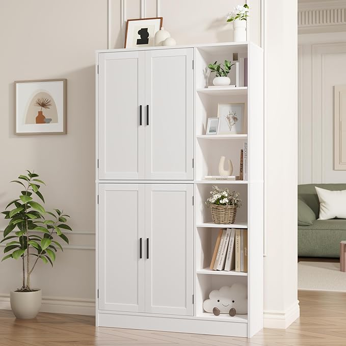 63" Tall White Kitchen Pantry, Freestanding Storage Cabinet with 4 Doors, Adjustable Shelves for Dining Room, Laundry Room