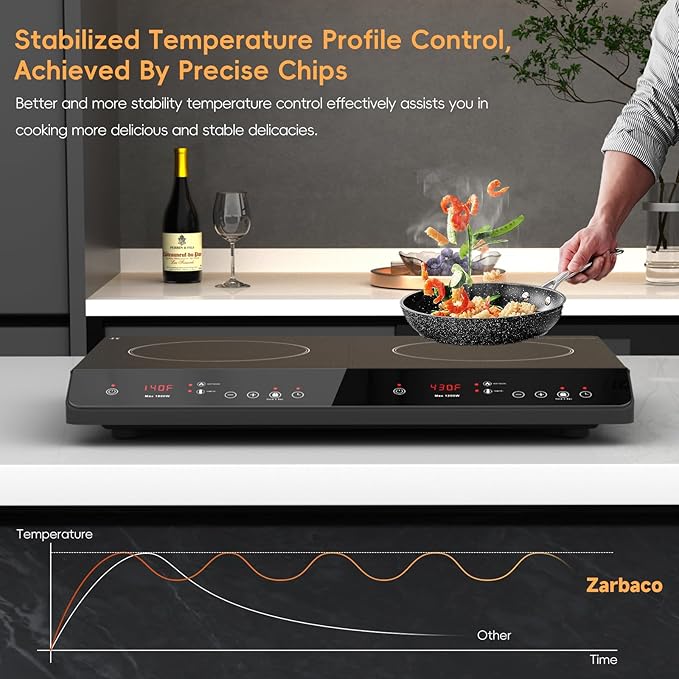 Double Induction Cooktop, 1800W Portable Induction Cooktop 2 Burner Independent Touch Control, Ceramic Electric Stove with 9 Temperature and Power Level, Safety Lock, 3 Hour Timer - Black