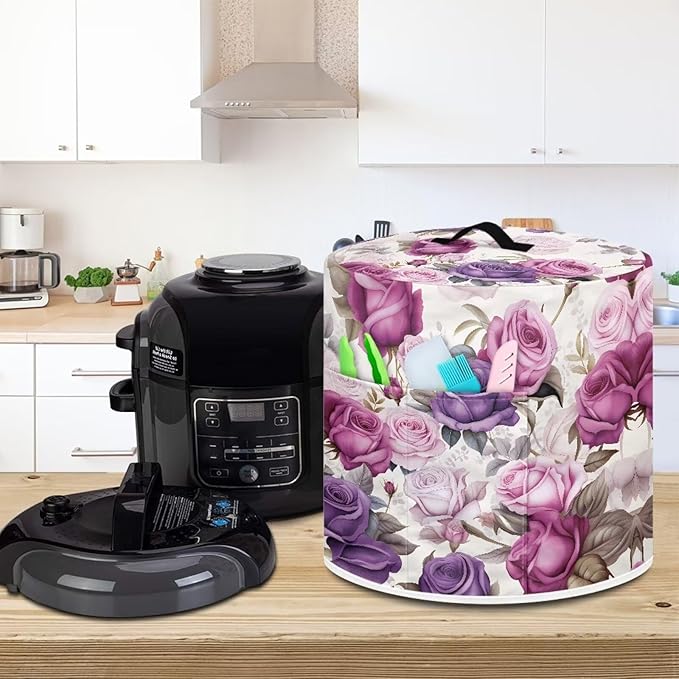 Purple Rose Pressure Cooker Cover for 8 Quart Instant Pot and Air Fryer Accessories, Stain Resistant Washable Round Protective Cover Electric Appliance Cover with Front Pocket