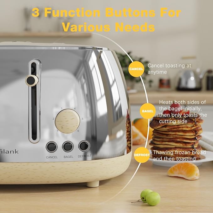 Toaster 4 Slice,Retro Stainless Steel Toaster with Extra Wide Slots, Dual Independent Control Panel, Cancel, Bagel, Defrost Function, Removable Crumb Tray (Silver)