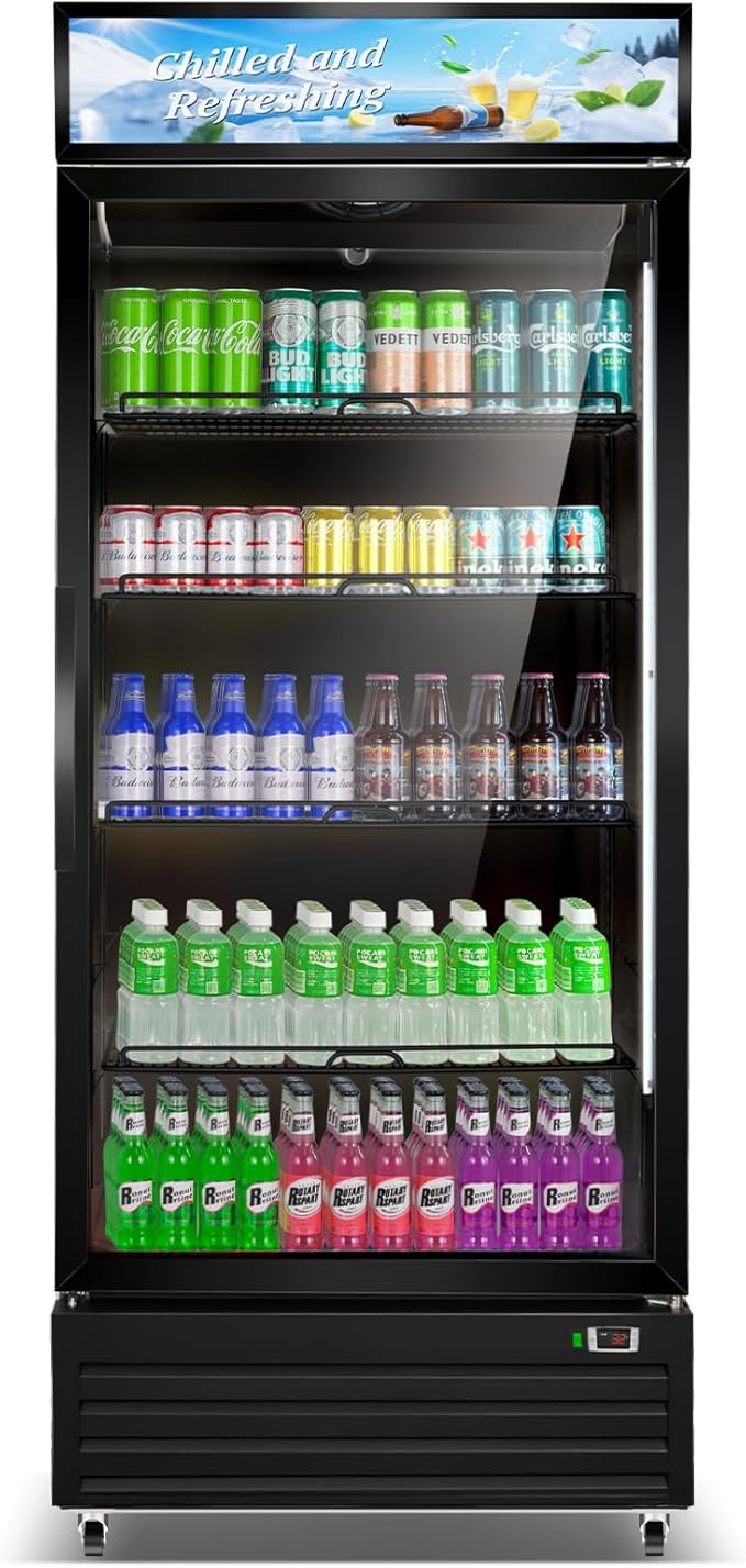 Tylza Commercial Refrigerator with Glass Door Display Beverage Fridge, 21.2 Cu Ft Upright Beverage Cooler Merchandiser with Rebound Door, Fast Cooling, Low Noise, Black