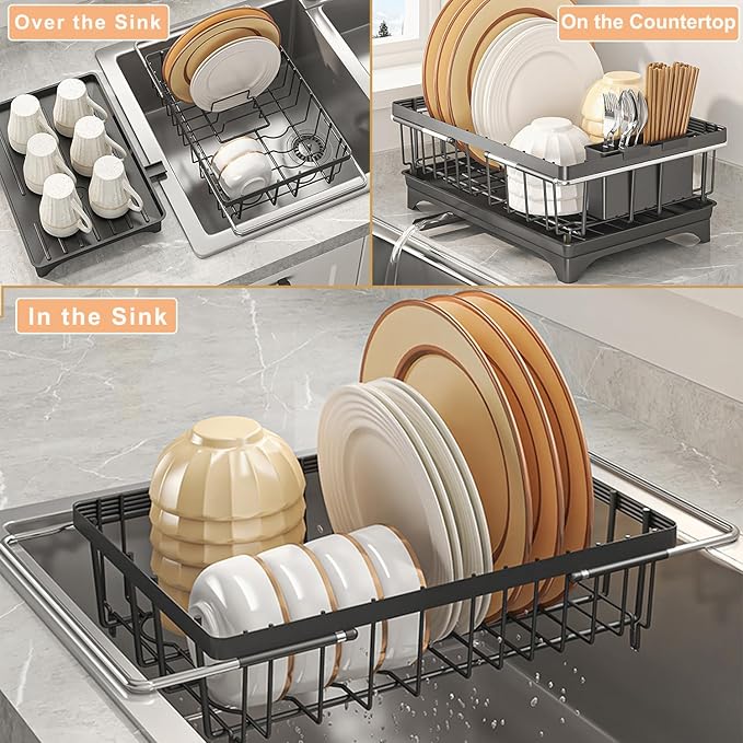 Dish Drying Rack with Detachable Drainboard – Expandable Over Sink Dish Rack, Dish Dryer Rack for Inside Sink,Countertop Dish Drainer with Utensil Holder