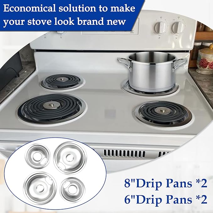 4 Pack (2) 6" & (2) 8" Electric Stove Burner Covers, Replacement Chrome Drip Pans for Whirlpool W10278125 W10196405 W10196406