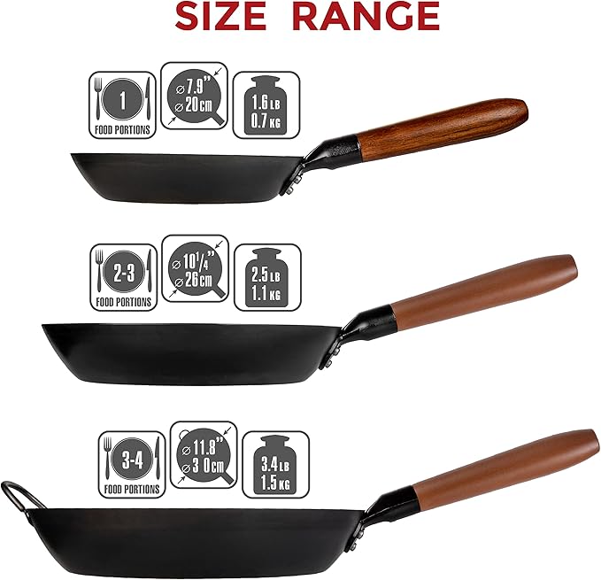YOSUKATA 7.9" Carbon Steel Frying Pan – Non-Toxic Pre-Seasoned Skillet with Removable Wooden Handle – Coating-Free Wok-Style Pan for Gas, Induction, Electric, Oven & Grill BBQ