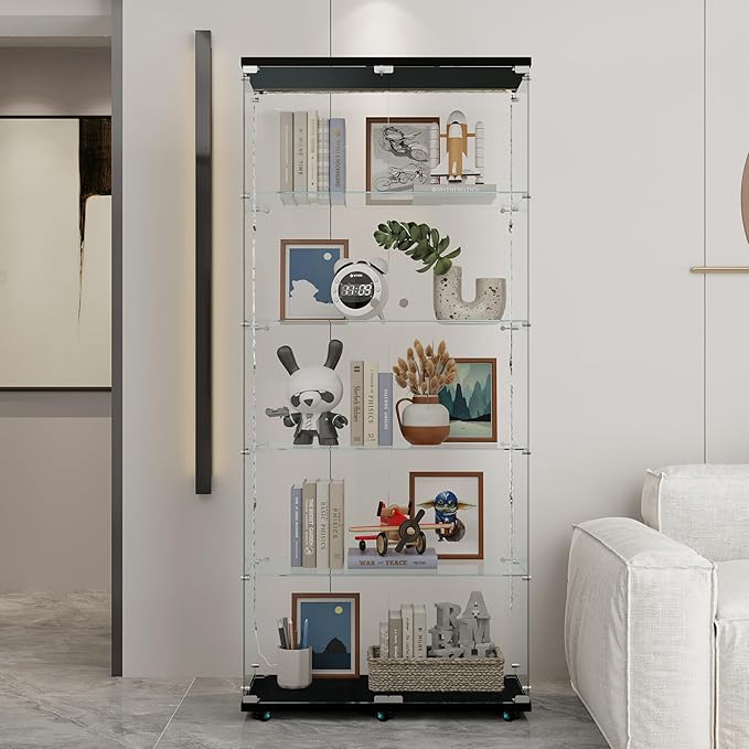 Glass Display Cabinet with LED Light Strip, 5 Shelves with 2 Doors, Curio Storage Cabinets with Lock & Caster for Living Room, Office, Floor Standing Glass Bookshelf, Quick Installation - Black