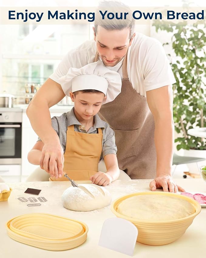 Silicone Banneton Bread Proofing Baskets Set of 2, 9" Round & 10" Oval Foldable Sourdough Proofing Baskets with Sourdough Bread Baking Supplies, Including Bread Lame, Dough Scraper