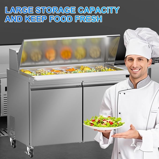 48" W Commercial Refrigerator Sandwich Salad Prep Table, 13.8 Cu.ft 2 Door Commercial Stainless Steel Mega Top Food Prep Fridge with 18 Pans, Salad Prep Station for Restaurant, Bar, Shop