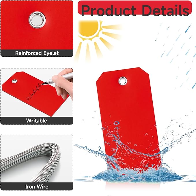 200 Red Tags - 4 3/4" x 2 3/8" Writable Hang Tags with Reinforced Marking for Auto Parts, Luggage, Garage, Inventory & Outdoors