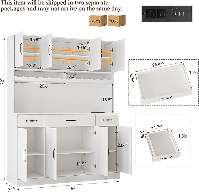 72" Tall Kitchen Pantry Cabinet with Charging Station 55" Wide Kitchen Hutch Cabinet with LED Light and Countertop Large Kitchen Pantry Storage Cabinet With Adjustable Shelves and Wine Rack