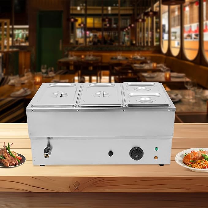 Commercial Food Warmer Stainless Steel Bain Marie Buffet Food Warmer Steam Table Electric Countertop Steam Table Container with 86-185°F Temp Control for Catering Restaurants (4 Pans)