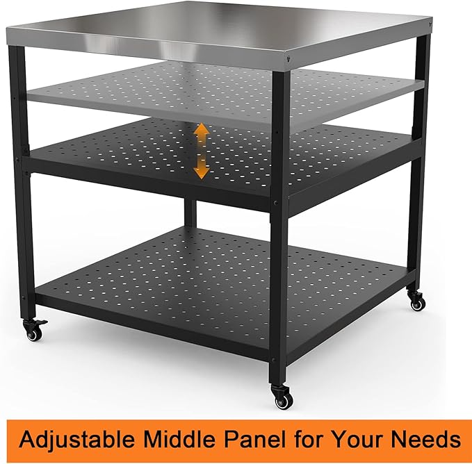 Mimiuo Grill Cart Pizza Oven Stand for Most Pizza Oven 31.5 x 31.5 x 33 inch, Large Stainless Steel Modular Table for Indoor Outdoor, Movable Food Prep Dining Trolley for Kitchen Patio Backyard